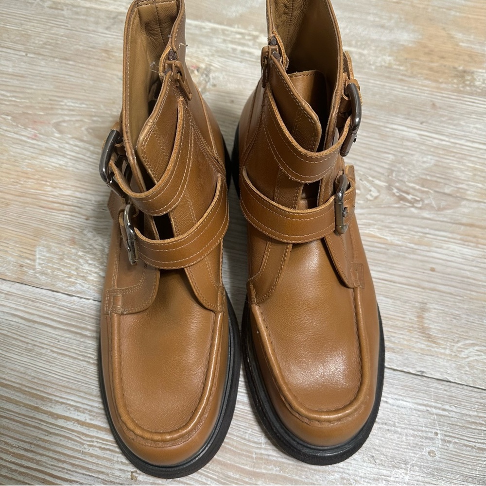 Free People Brown Double-Buckle Isla Moto Ankle Boots Leather Sz 10 - Picture 5 of 13